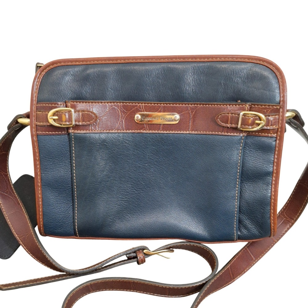 Vintage Carriage House Navy Blue And Tan Leather Crossbody Bag Organizer Purse